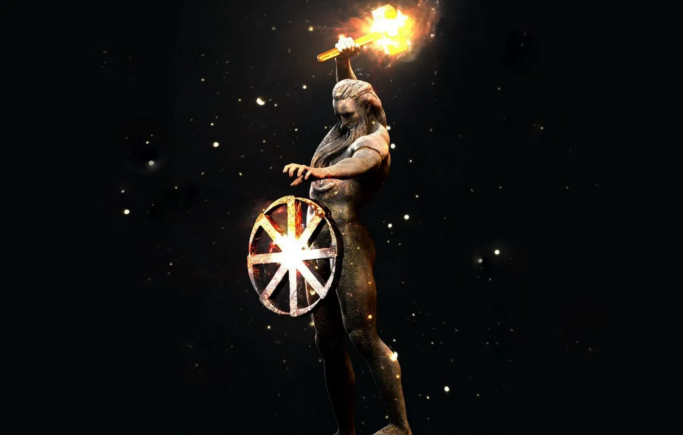 Wallpaper Fire, Statue, Hammer, Flame, Black background, Svarog, Slavic God,  Sasha, Gregerman, The Creation Of The World, Forges, The Wheel Of Life,  Fiery hammer images for desktop, section рендеринг - download