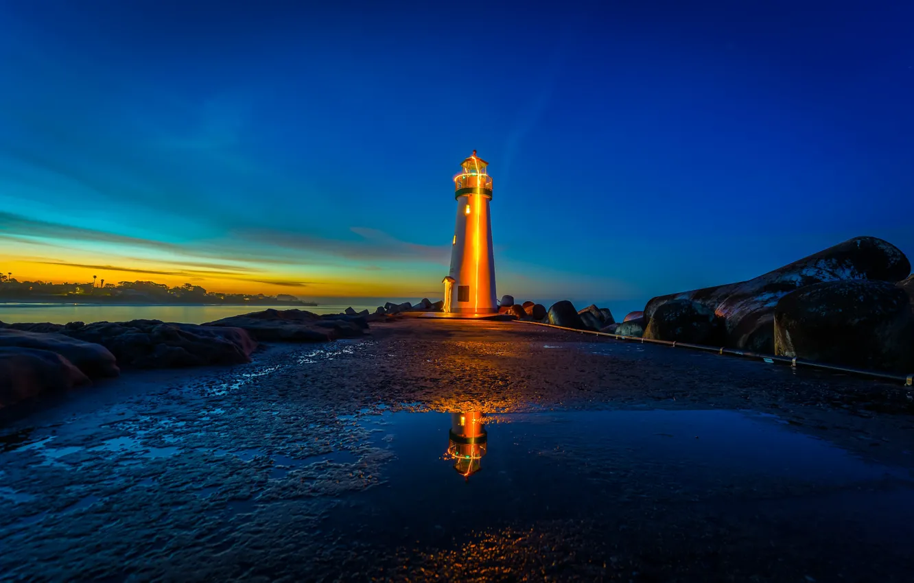 Photo wallpaper sea, sunset, stones, lighthouse, CA, California, Santa Cruz, Santa Cruz, Walton Lighthouse, Monterey Bay, Monterey …