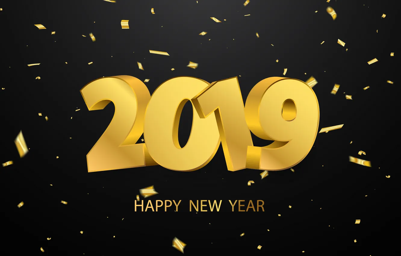 Photo wallpaper gold, New Year, figures, golden, black background, black, background, New Year, Happy, sparkle, 2019