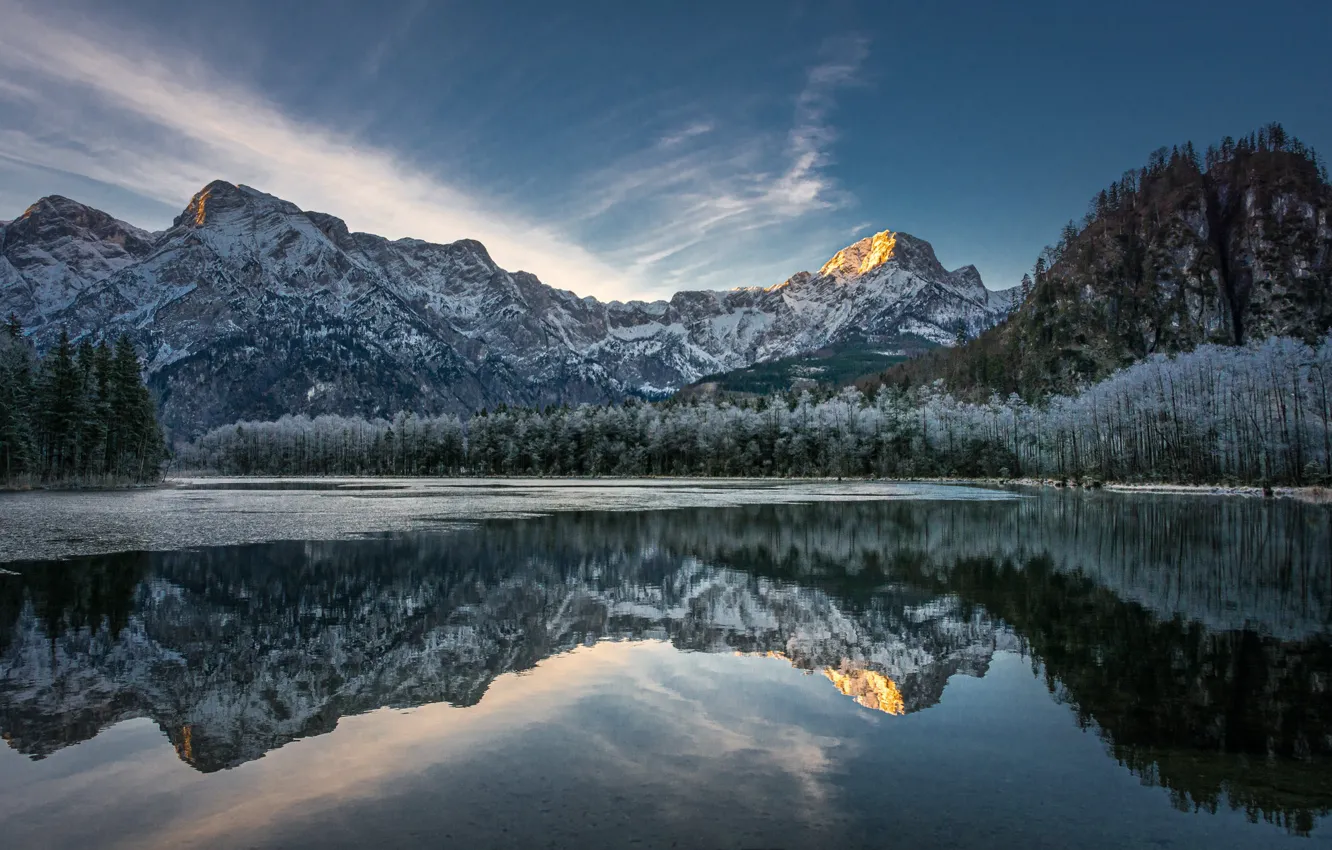 Photo wallpaper winter, forest, mountains, lake, reflection, Austria, Alps, Austria, Alps, Almsee, Lake Else, Lake Alm, Lake …