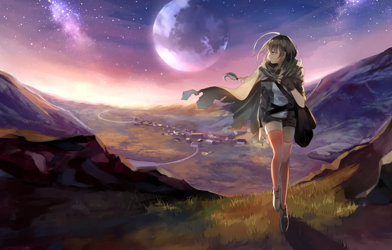 Wallpaper girl, landscape, dawn, the moon, panorama, Vocaloid, Yuezheng Ling  images for desktop, section прочее - download