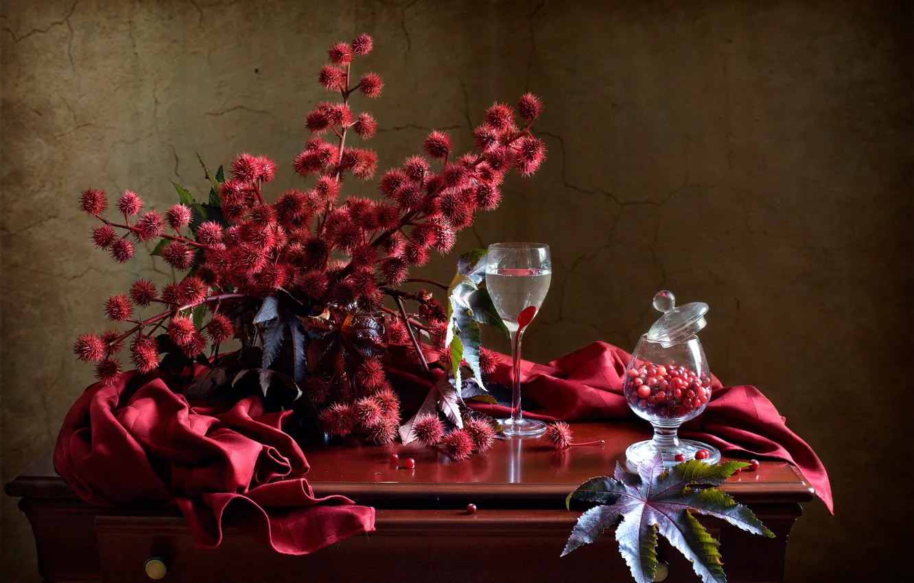 Photo wallpaper branches, berries, glasses, fabric, still life, table, cranberry, клещевина