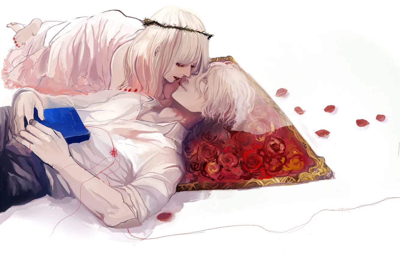Photo wallpaper romance, petals, book, Mat, lovers, two, a couple, wreath, white hair, on the back, white …