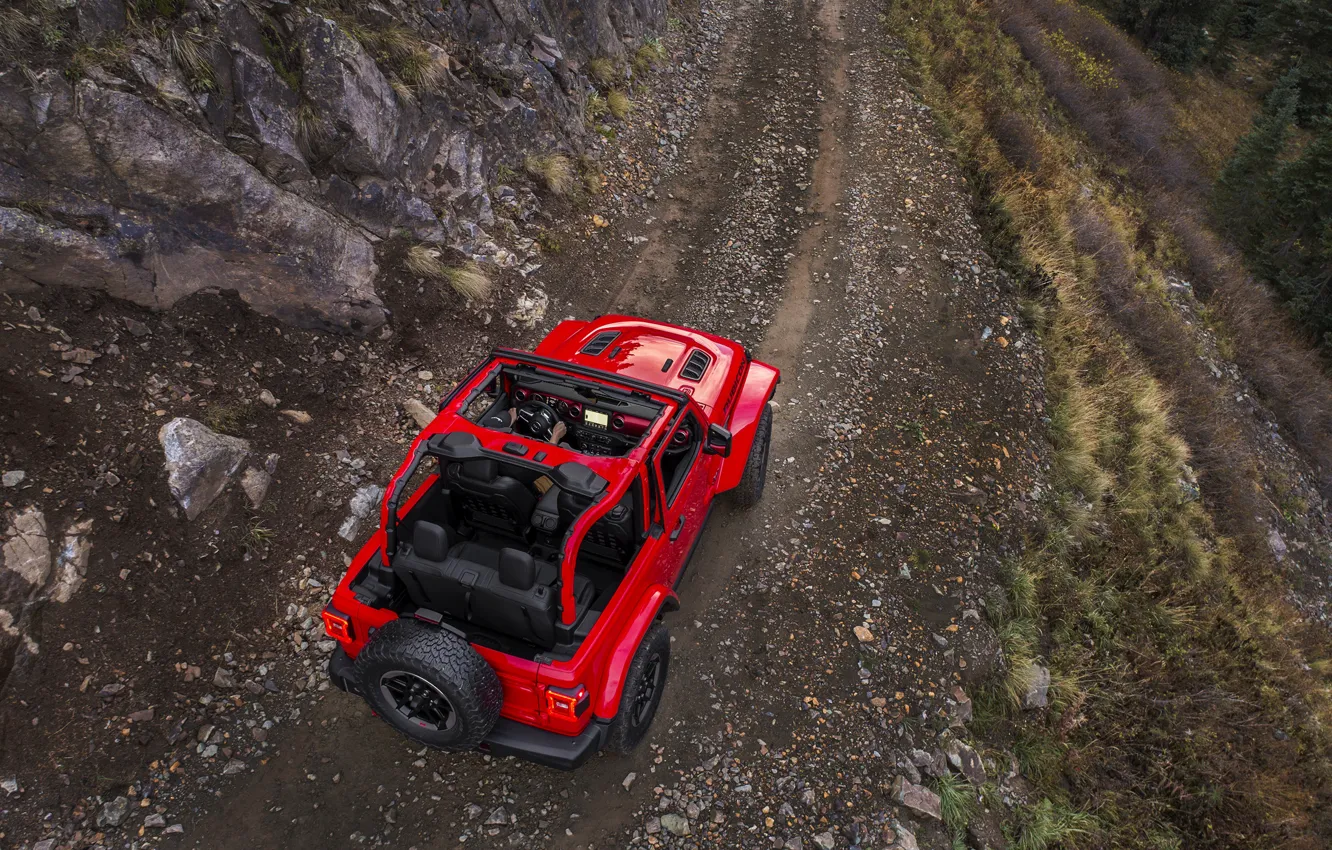 Photo wallpaper red, stones, movement, slope, top, back, 2018, Jeep, Wrangler Rubicon