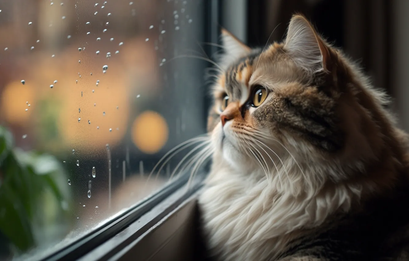 Photo wallpaper cat, rain, mood, window, rain, cat, mood, window