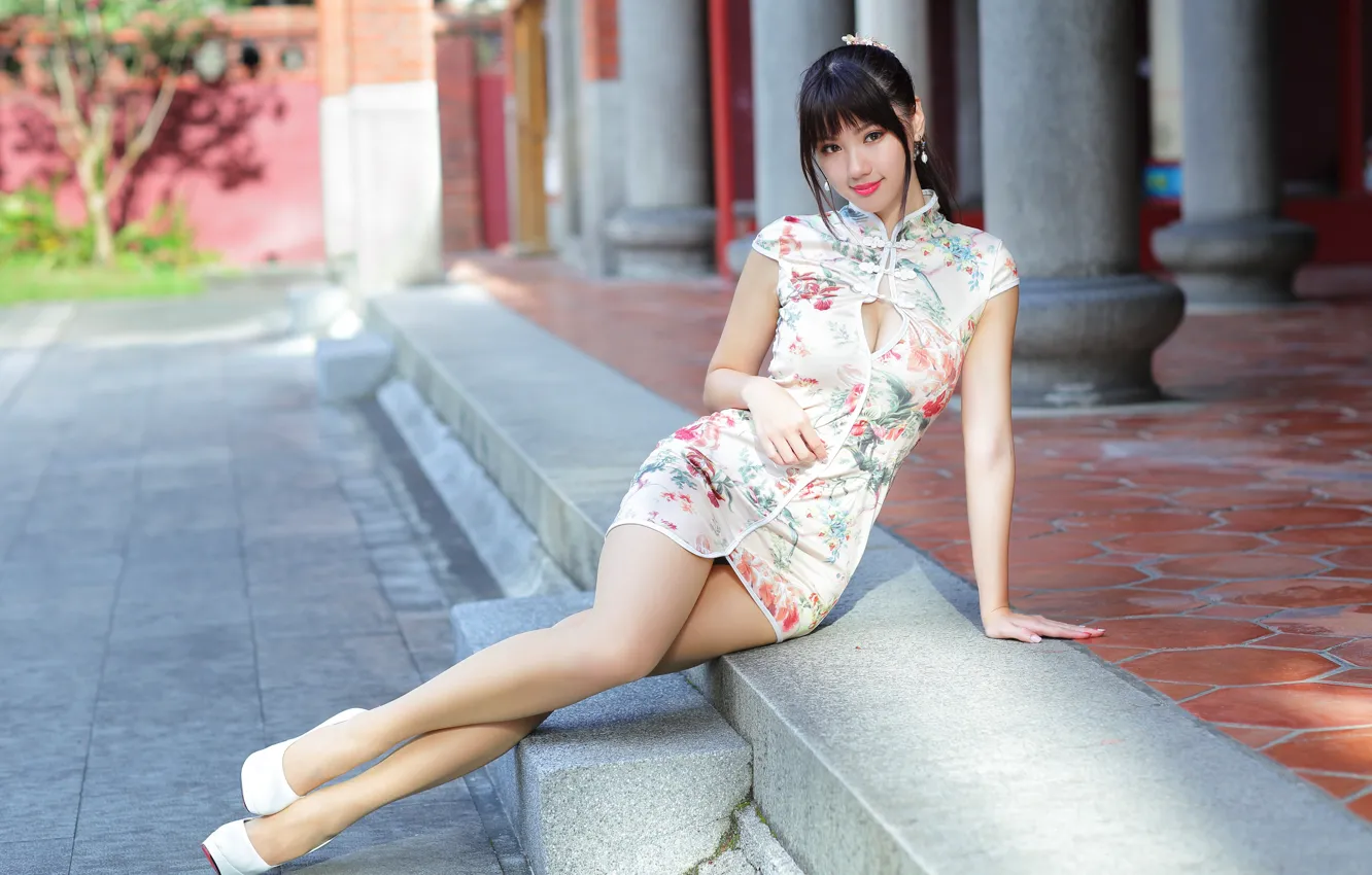 Photo wallpaper look, girl, dress, shoes, legs, Asian