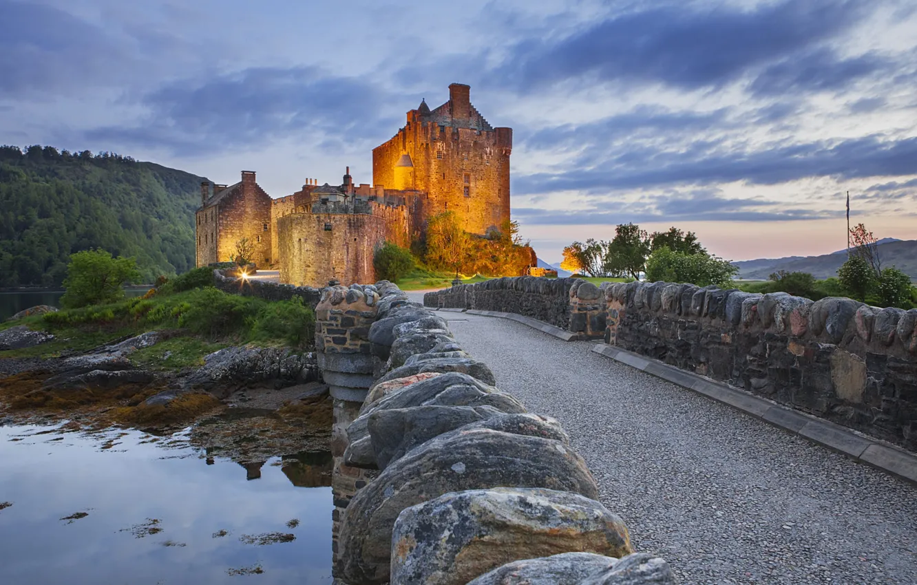 Photo wallpaper road, landscape, bridge, nature, the evening, Scotland, forest, the fjord, the Eilean Donan castle