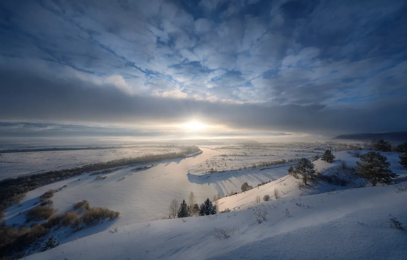 Photo wallpaper winter, the sun, clouds, landscape, nature, river, dawn, morning, valley, snow, Perm Krai, Andrei