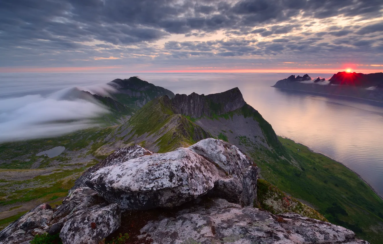 Photo wallpaper sea, the sun, fog, sunrise, rocks, dawn, island, morning, Norway, Senja, Maxim Evdokimov