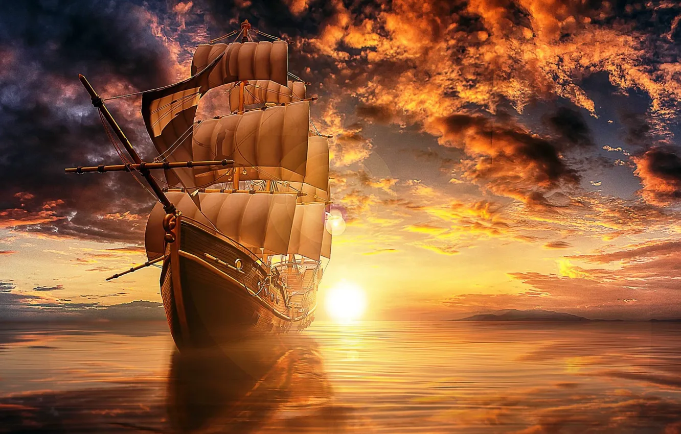 Photo wallpaper sea, clouds, light, sunset, reflection, rendering, ship, sailboat