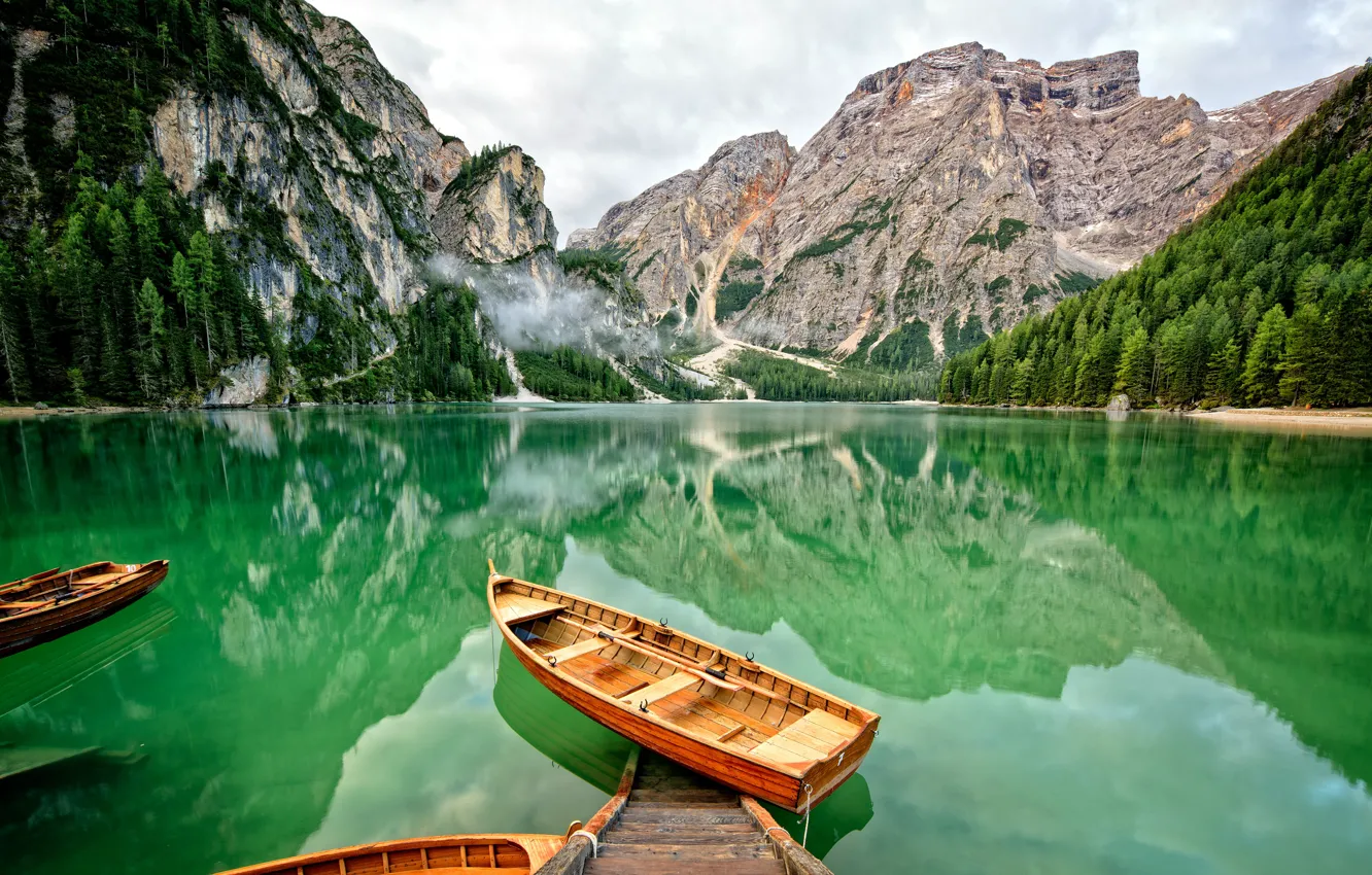 Photo wallpaper forest, water, mountains, lake, boats