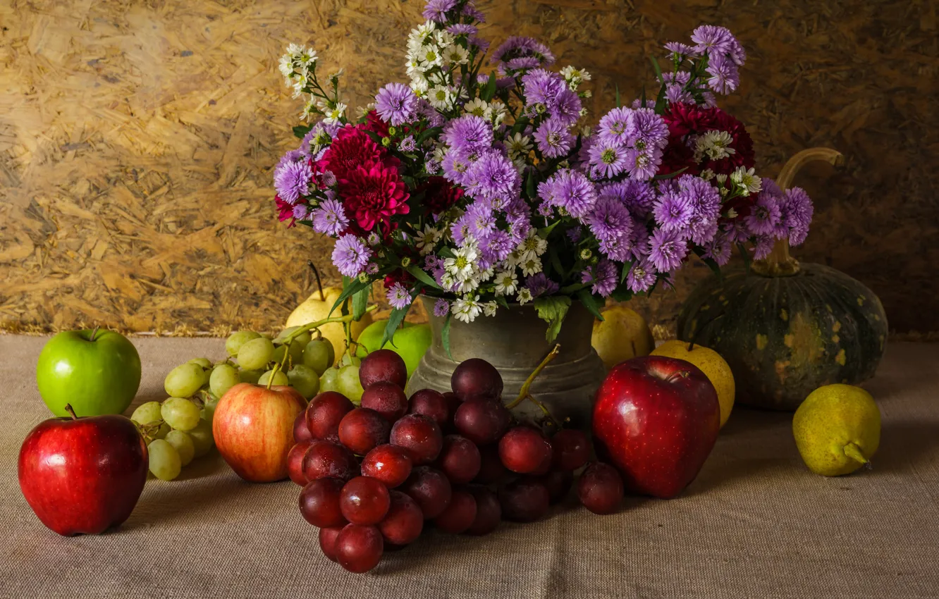 Photo wallpaper flowers, apples, bouquet, grapes, pumpkin, fruit, still life, vegetables, pear, flowers, fruit, grapes, still life, …