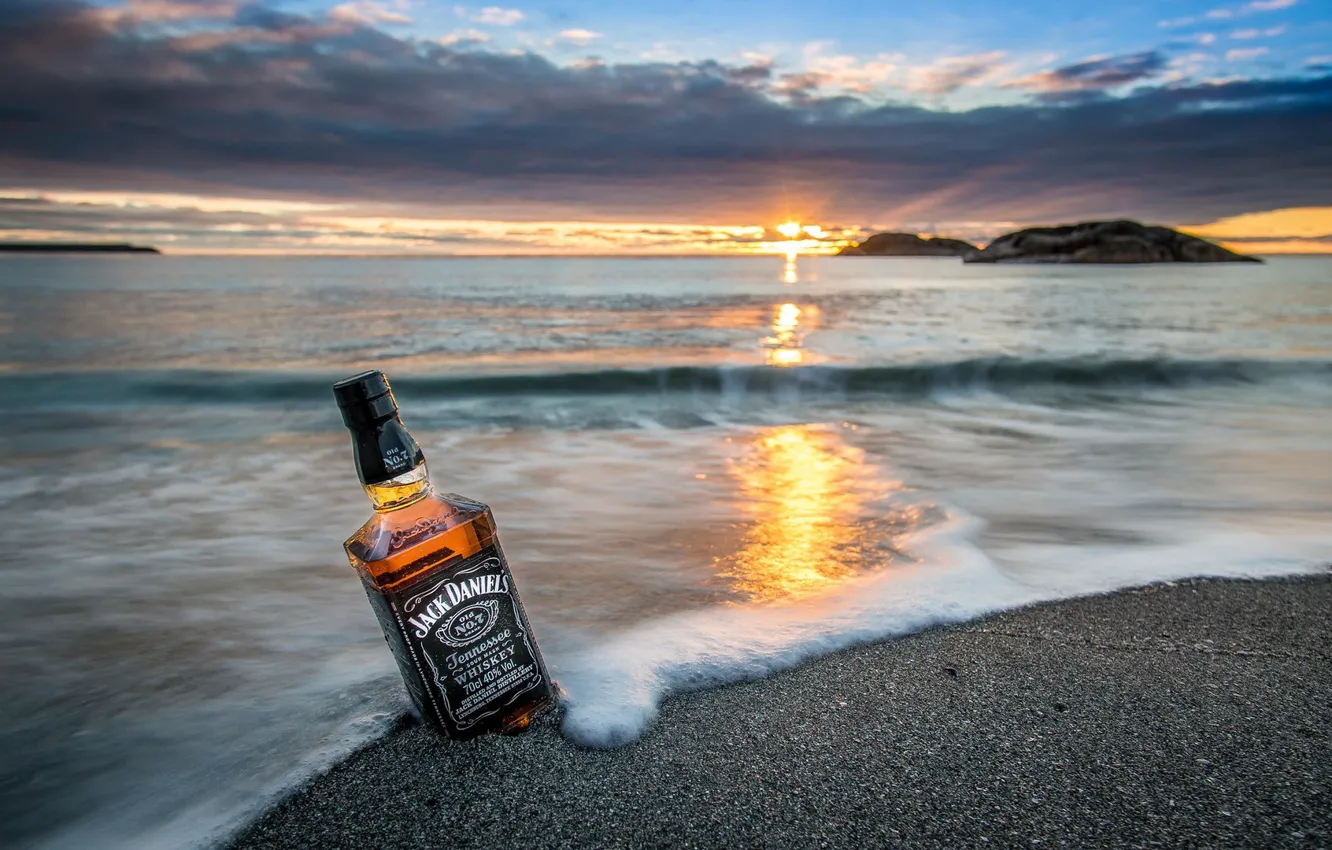 Wallpaper sand, sea, the sun, sunset, whiskey, jack daniels images for  desktop, section настроения - download