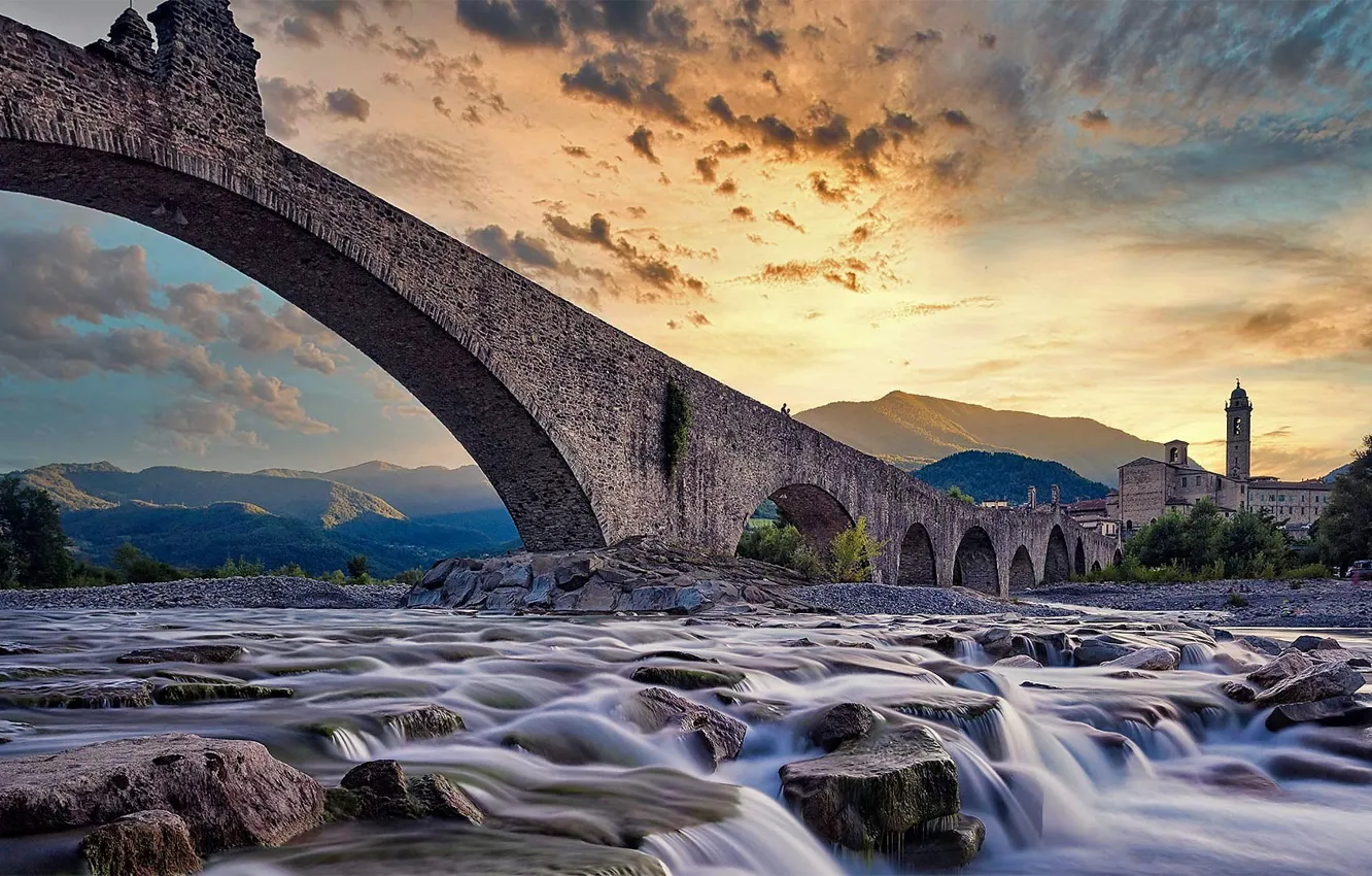 Photo wallpaper Italy, bridge, sunset, mountains, scenic, old, ancient, Bobbio
