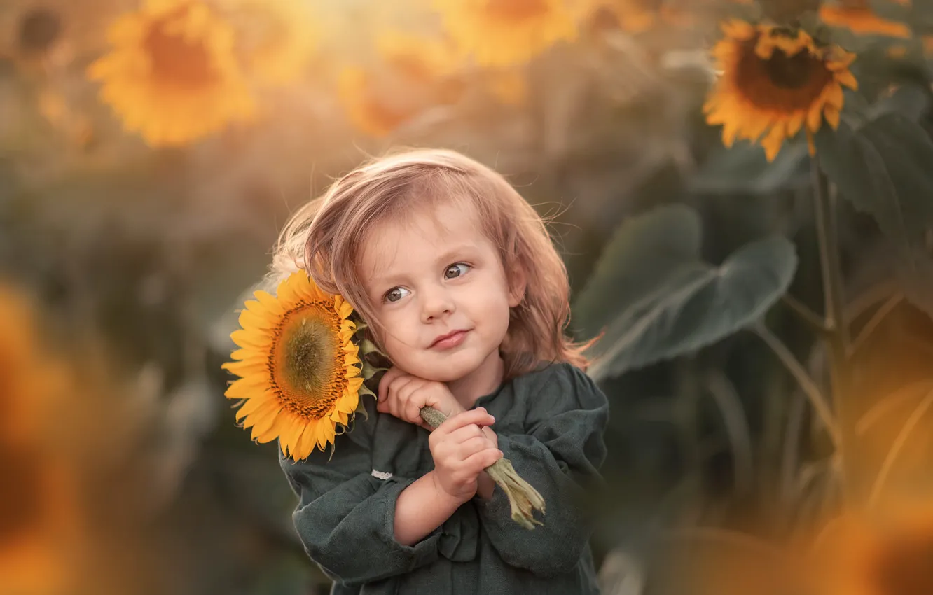 Photo wallpaper sunflower, girl, baby, bokeh, Марта Козел