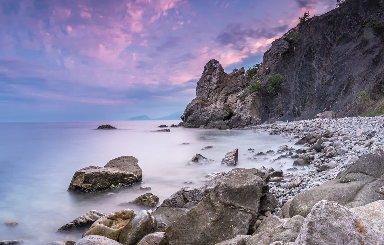 Photo wallpaper sea, nature, stones, rocks, dawn, Bay, morning, Crimea, Fishing
