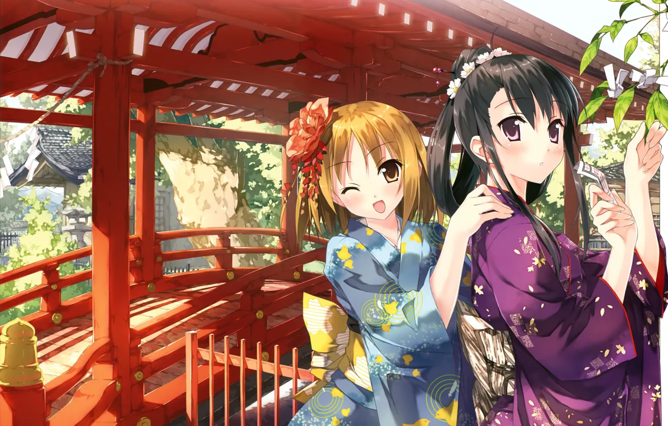 Photo wallpaper Japan, temple, kimono, wink, flower in hair, wooden bridge, two girls, Sunny day, by kantoku, …