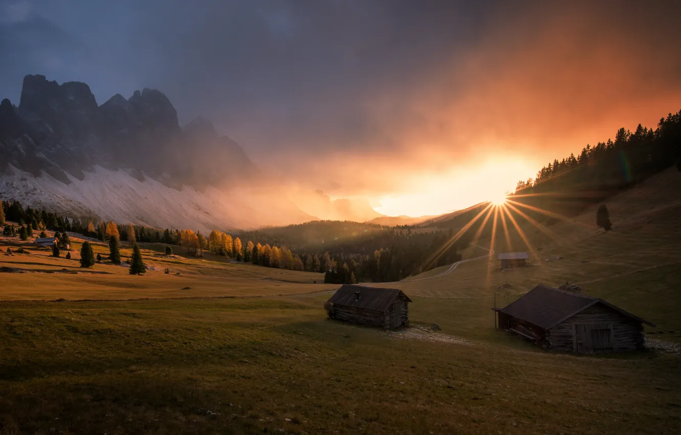 Photo wallpaper the sun, rays, landscape, sunset, mountains, nature, the slopes, home, valley, Italy, forest, The Dolomites, …