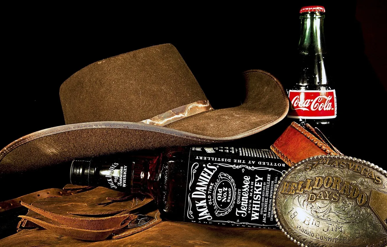 Photo wallpaper bottle, black background, whiskey, cowboy hat, Coca Cola, drink, Coca Cola, buckle, bottle, Jack Daniels, …