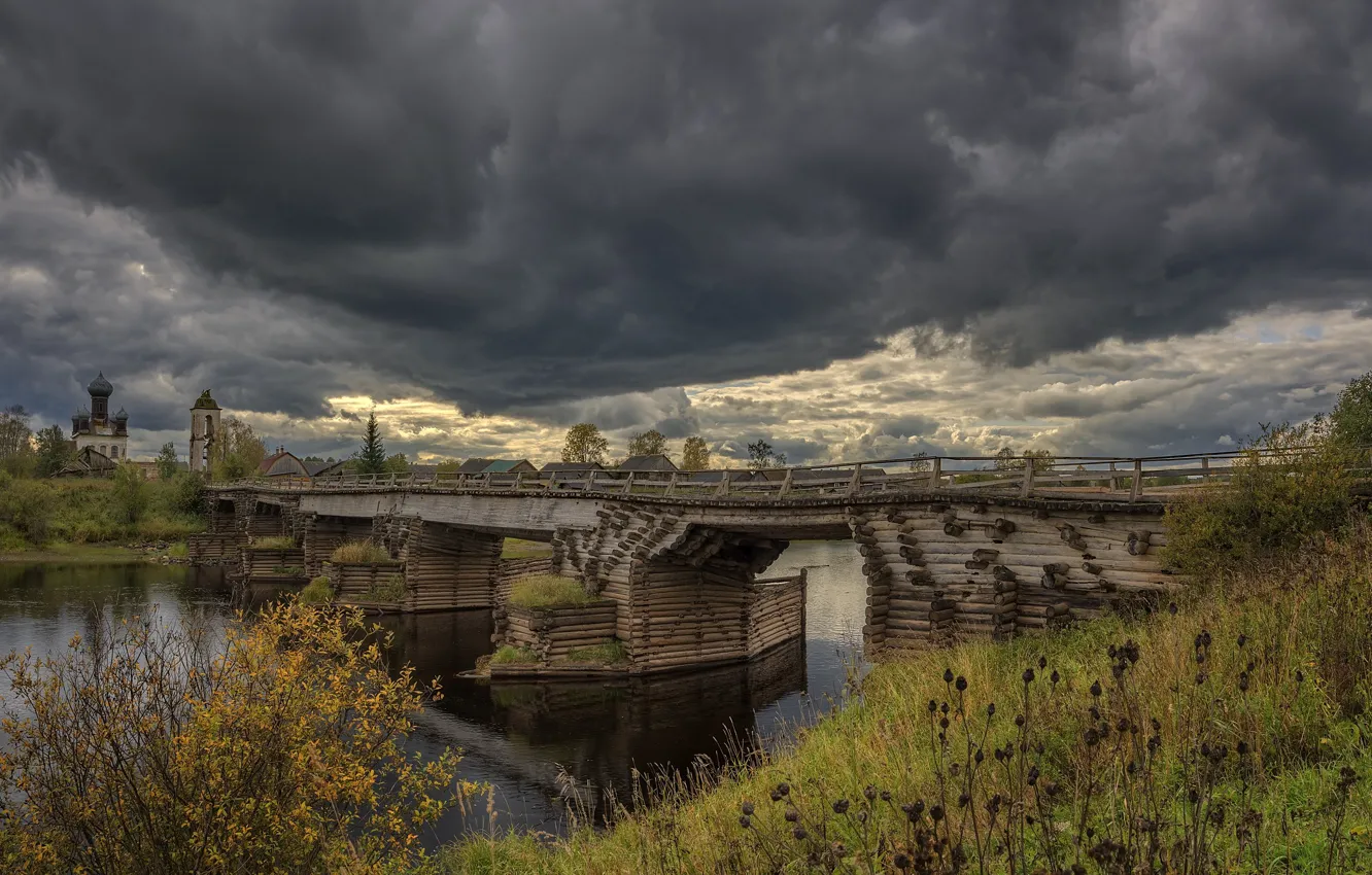 Photo wallpaper autumn, bridge, river, village, Arkhangelsk oblast, Plesetsky district, Smilovsky