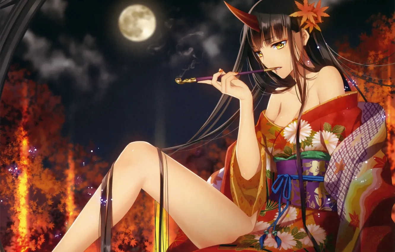 Photo wallpaper night, geisha, unicorn, mouthpiece, kimono, the full moon, shoulders, long hair, knee, yellow eyes, youkai, …