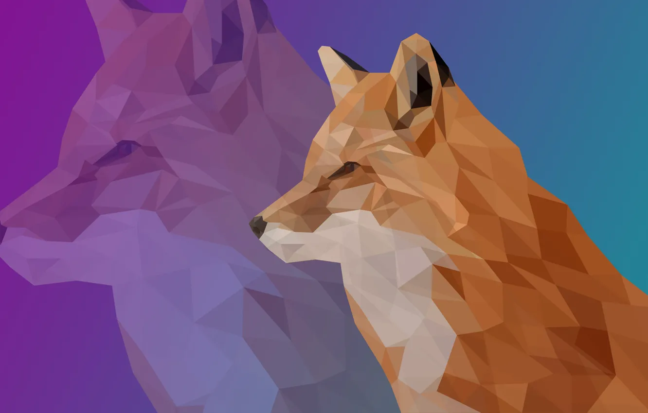 Photo wallpaper Fox, turquoise, polygon, fox, low, poly, low poly, polygon graphics, сиренеый