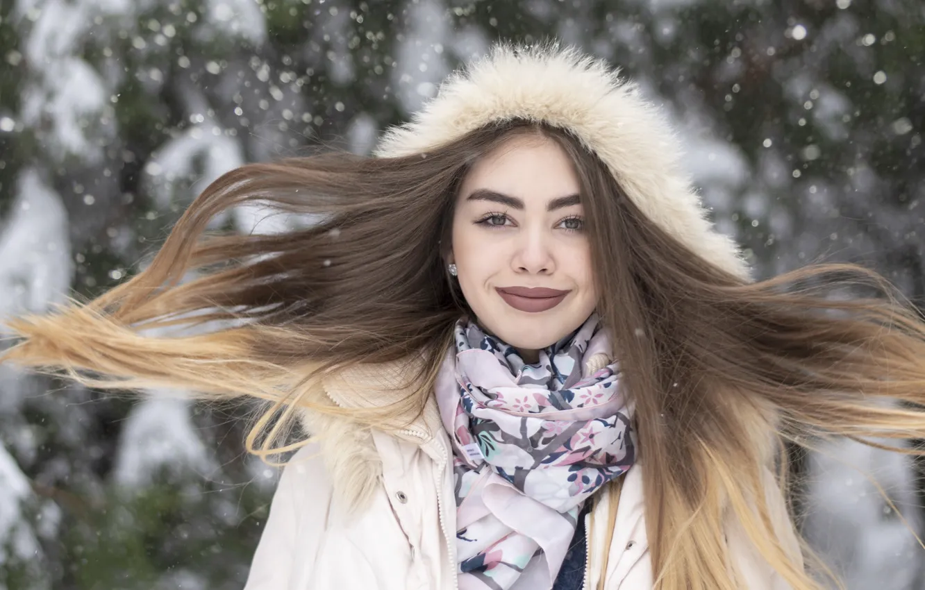 Photo wallpaper cold, winter, girl, snow, hair, tree, portrait, winter portrait, female portrait, girl in winter