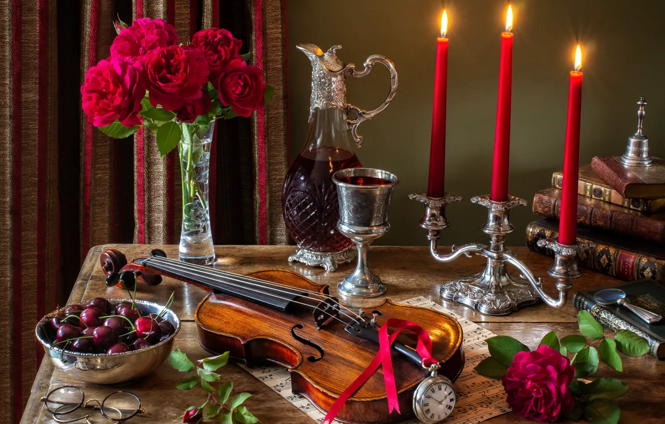 Photo wallpaper flowers, style, berries, notes, wine, violin, watch, glass, books, roses, bouquet, candles, glasses, still life, …