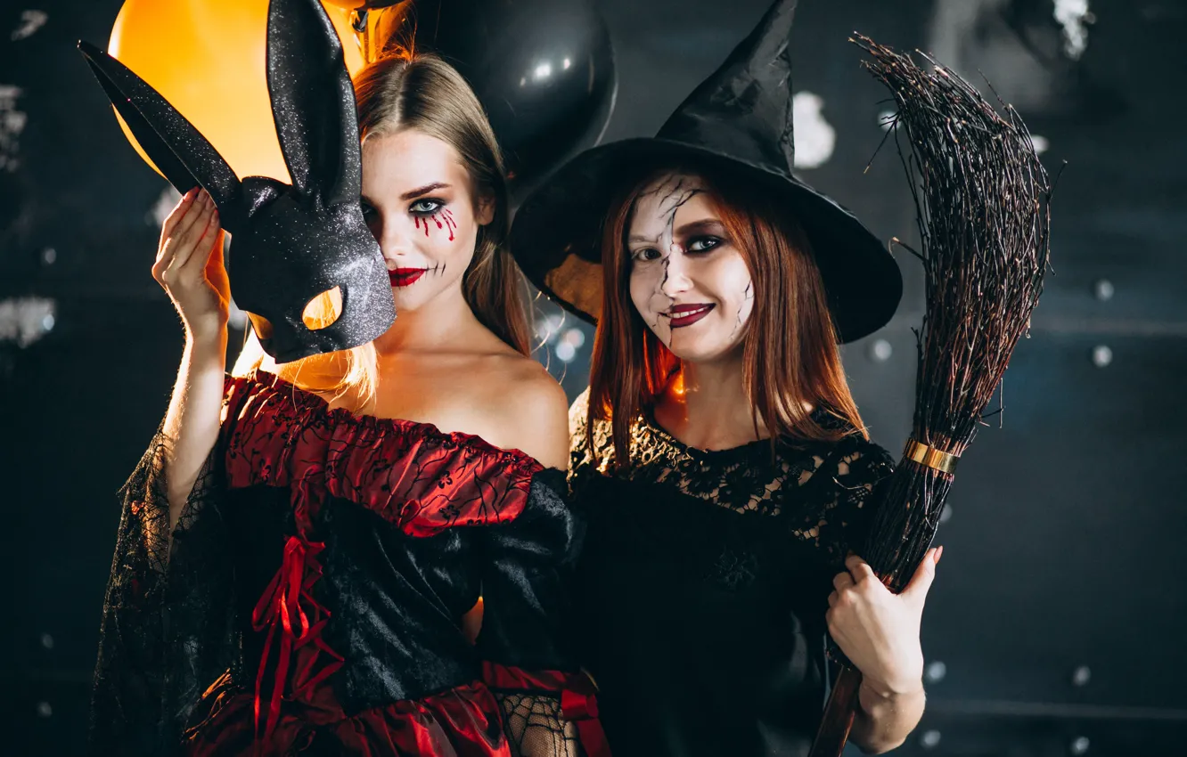 Photo wallpaper Smile, Witch, Two, Bunny, Studio, Девушки в костюмах на Хэллоуин