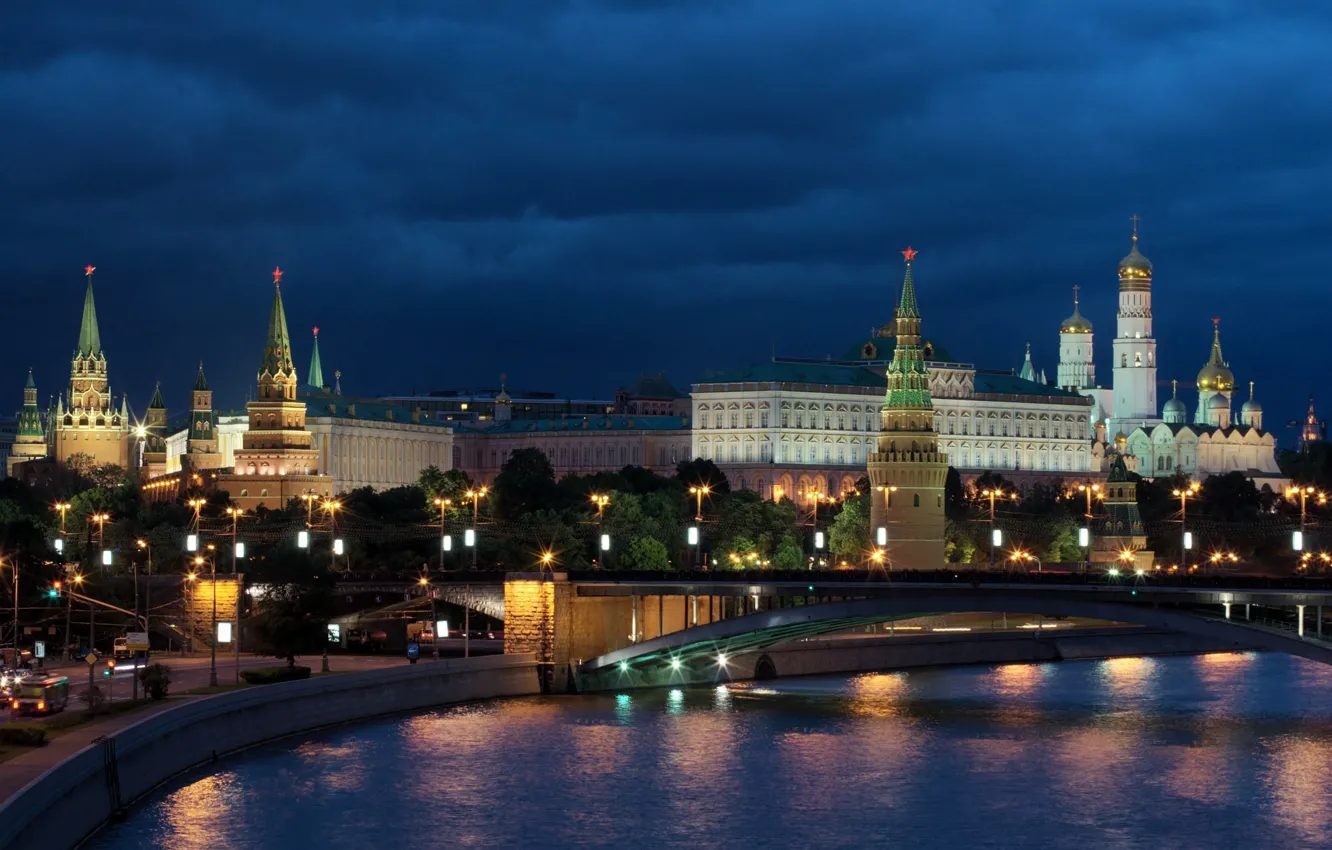 Photo wallpaper night, bridge, the city, river, building, lighting, Moscow, tower, temple, The Kremlin, dome