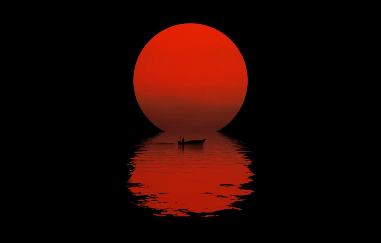 Photo wallpaper the sun, night, reflection, boat, silhouette, black background, night, sun, reflection, boat, black background, silhouette, …