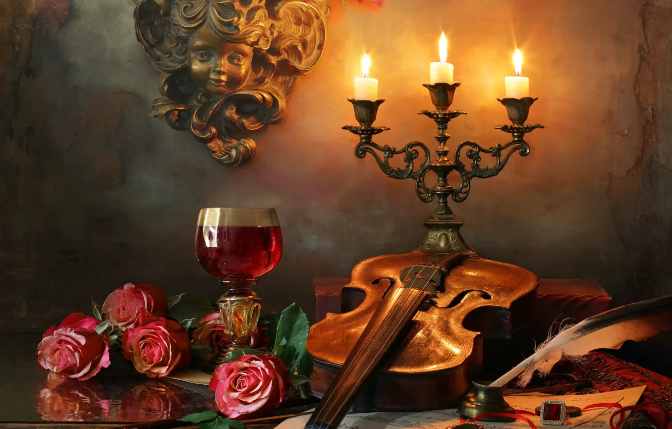 Photo wallpaper flowers, notes, pen, wine, violin, glass, roses, candles, sculpture, ring, Andrey Morozov
