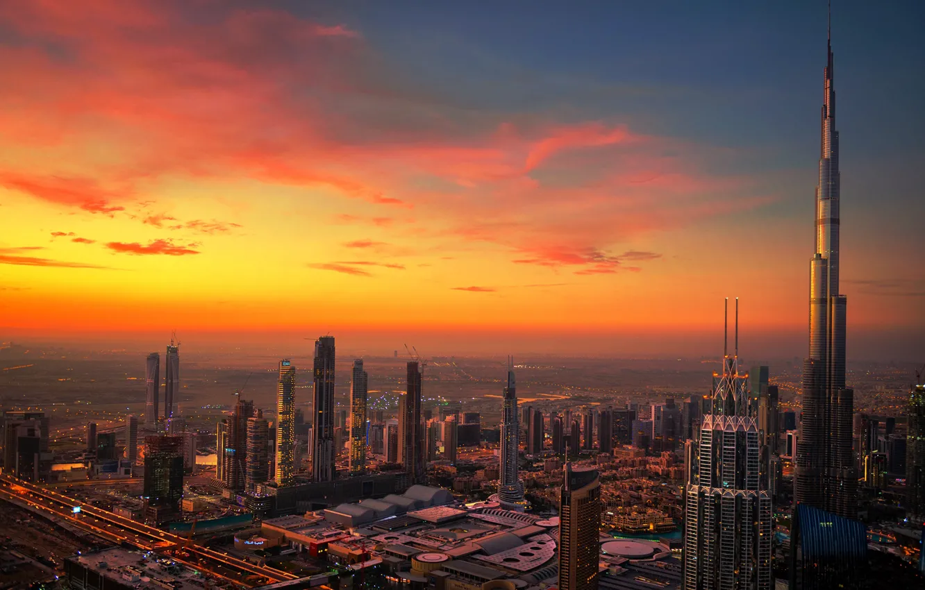 Photo wallpaper sunset, building, panorama, Dubai, skyscrapers, UAE, UAE, Дубай Дубай