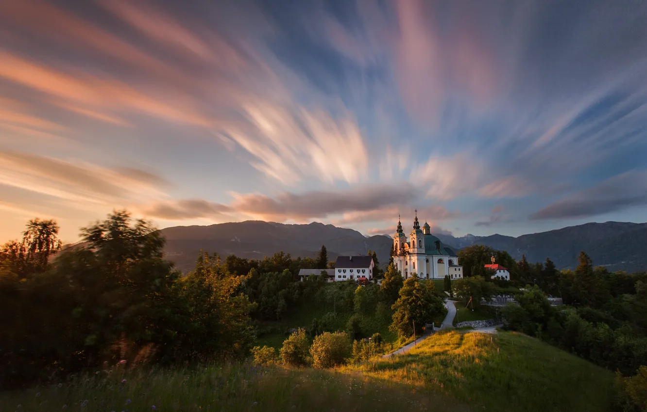 Photo wallpaper landscape, sunset, mountains, nature, home, the evening, village, Church, Slovenia, Tunjice, Tunica