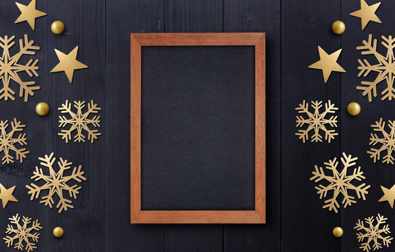 Photo wallpaper winter, snowflakes, frame, golden, black background, black, Christmas, winter, background, snowflakes, frame