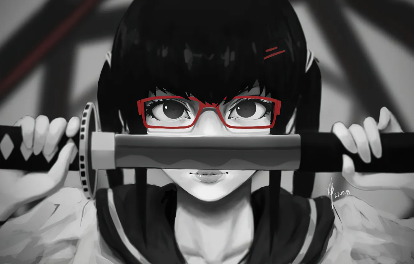 Photo wallpaper katana, blade, grey background, black hair, glasses, evil eye, face, Japanese schoolgirl, by Guweiz