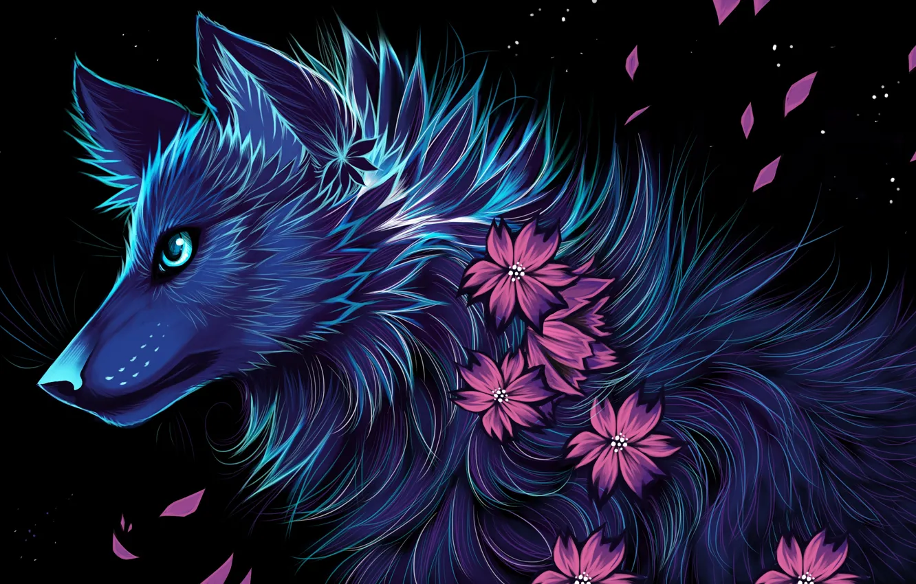 Photo wallpaper flowers, night, wolf, myarukawolf, by myarukawolf