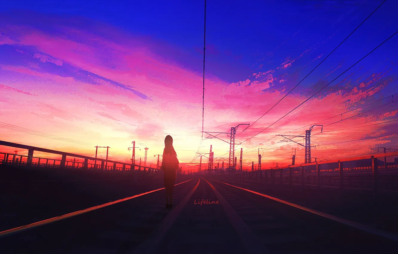 Photo wallpaper girl, sunset, rails