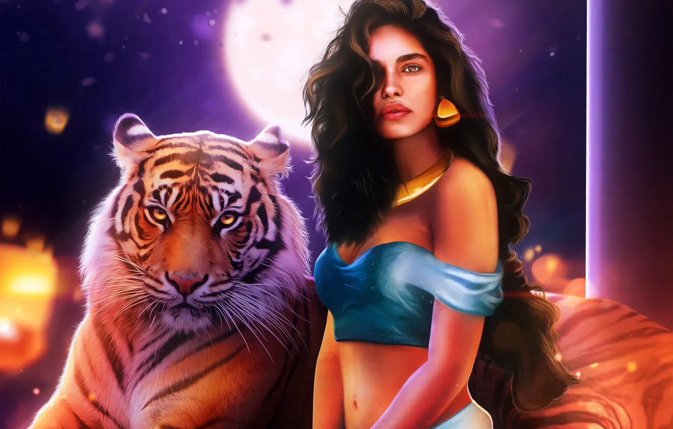Photo wallpaper Girl, Tiger, Fantasy, Art, Art, Jasmine, Aladdin, Jasmine, Rajah, Raja, Hosne Qanadelo, by Hosne Qanadelo, …