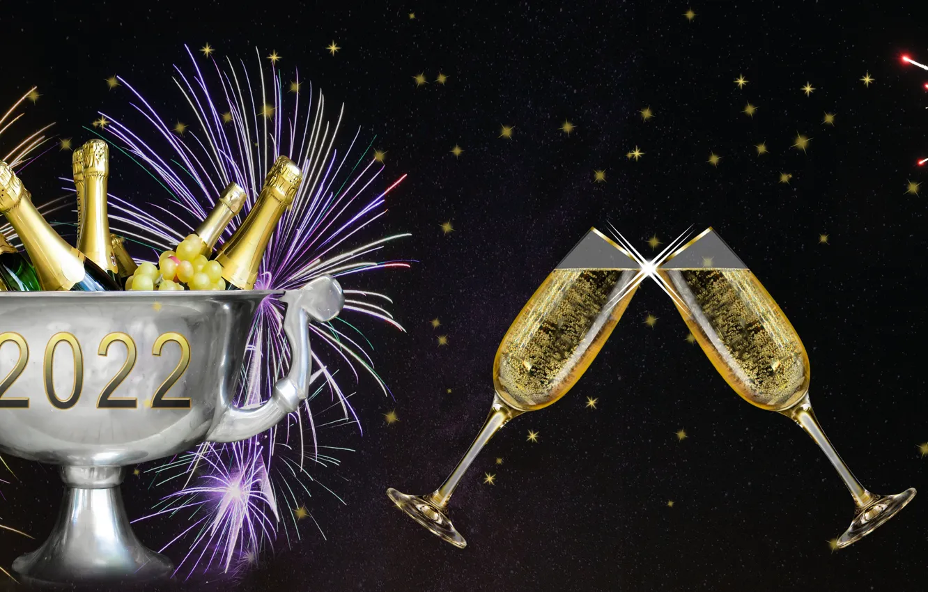 Photo wallpaper Salute, Bottle, New year, Black background, Fireworks, Bakaly, Champagne, 2022