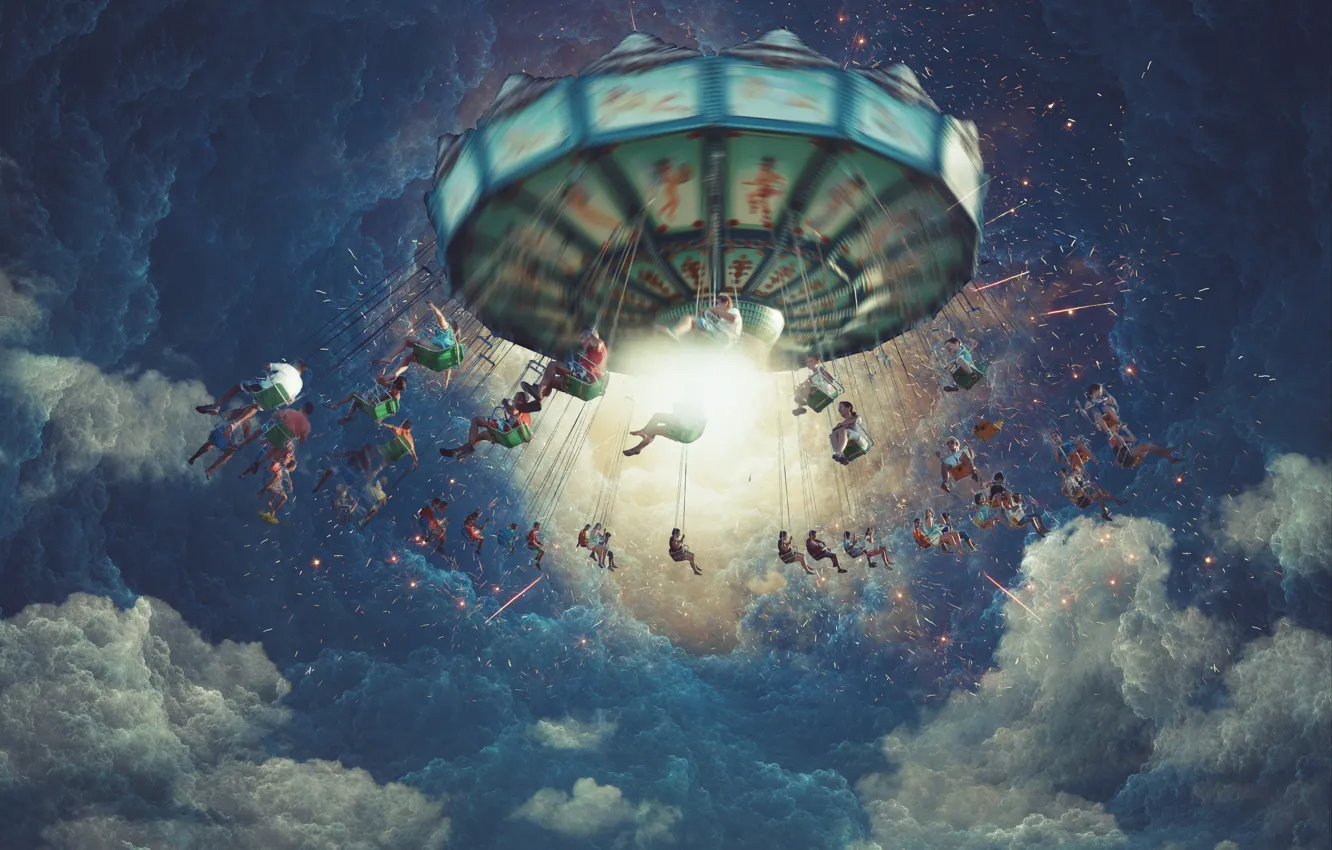 Photo wallpaper the sky, clouds, people, sparks, carousel