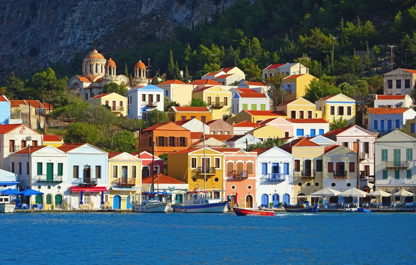 Photo wallpaper sea, landscape, rock, island, home, boats, Greece, Kastelorizo
