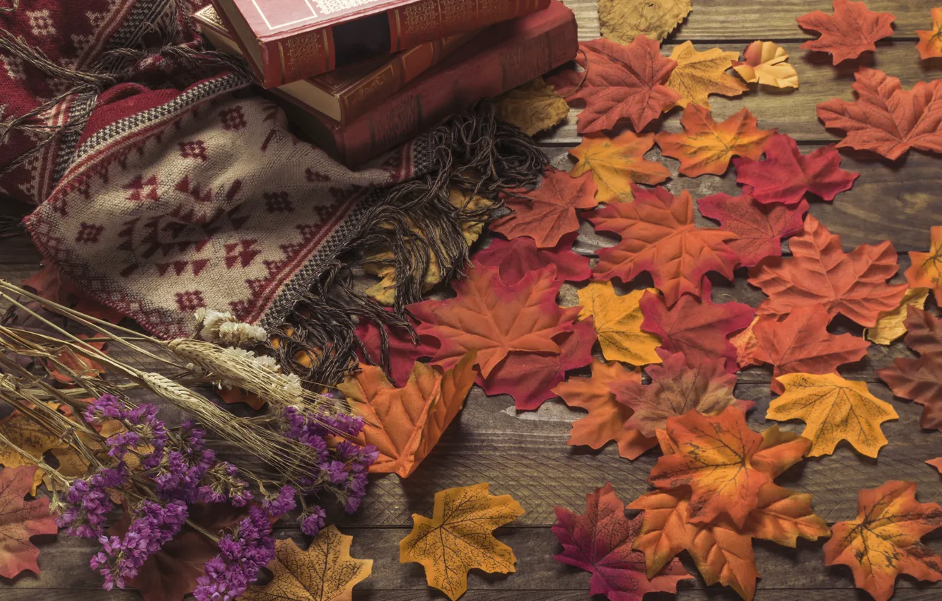 Photo wallpaper autumn, leaves, flowers, background, tree, colorful, book, wood, background, autumn, leaves, autumn, maple