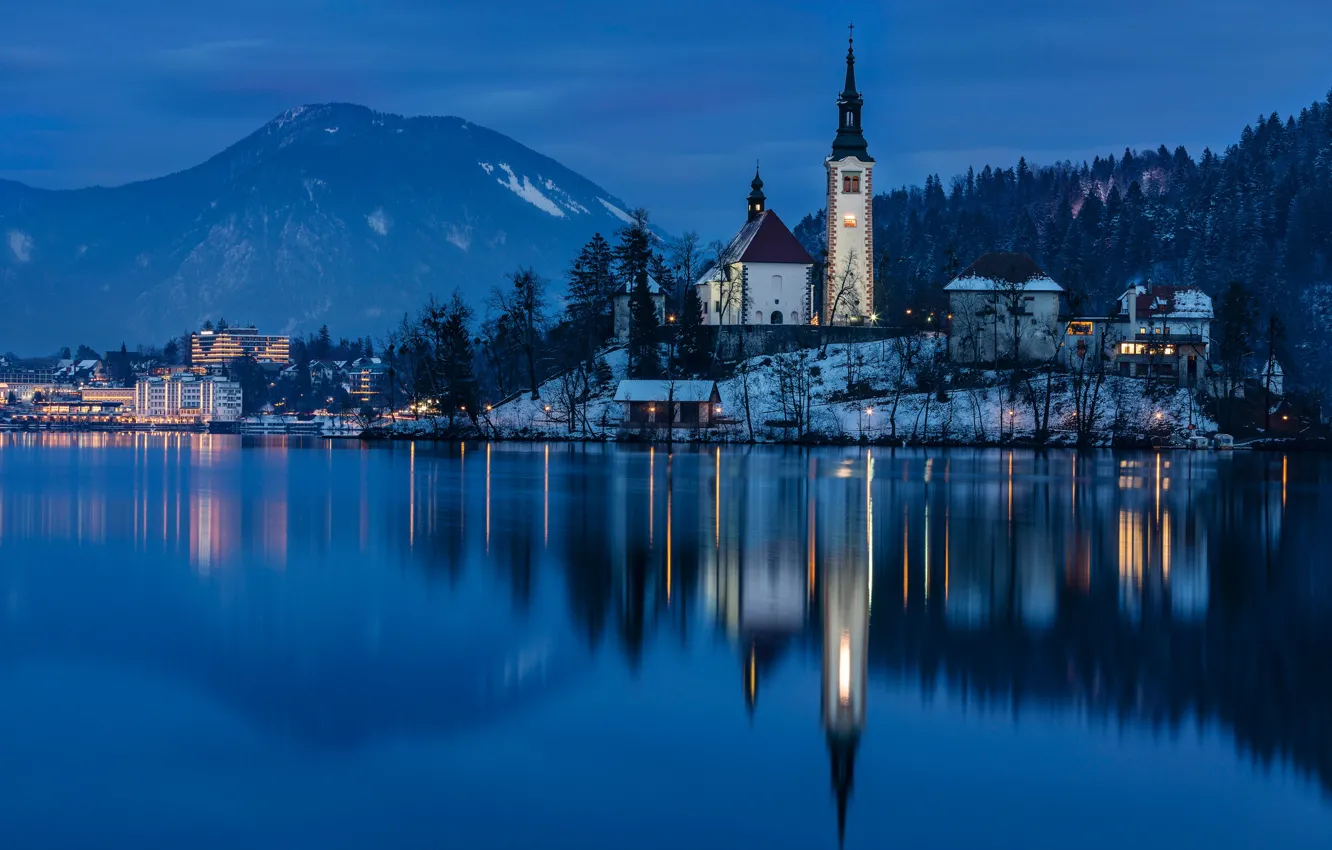 Photo wallpaper mountains, night, lake, reflection, island, Slovenia, Lake Bled, Slovenia, Lake bled, Bled, Assumption of Mary …