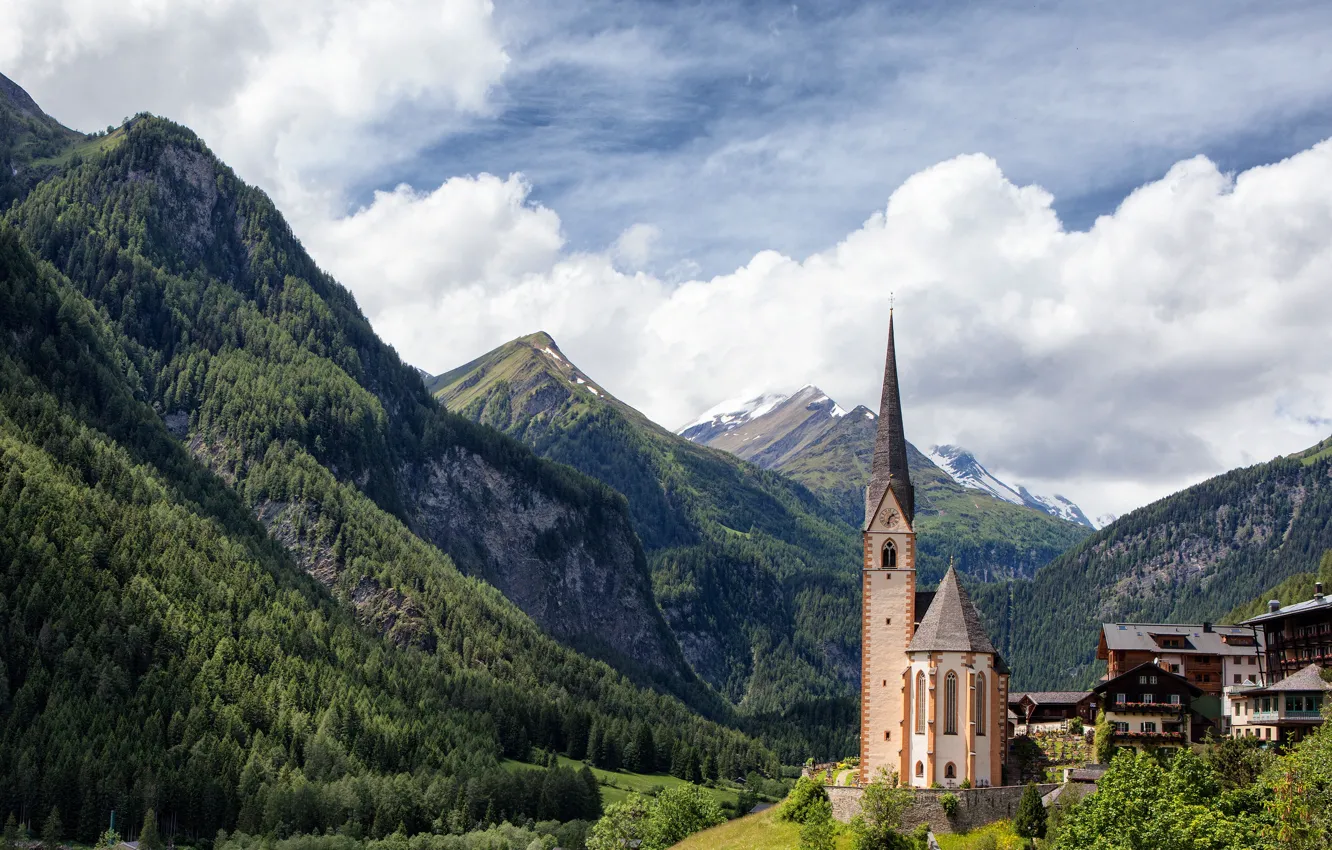 Photo wallpaper the sky, clouds, mountains, Austria, Church, Carinthia, Heiligenblut
