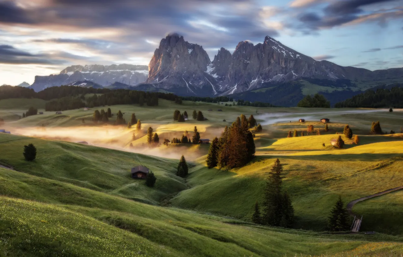 Photo wallpaper trees, landscape, mountains, nature, fog, home, morning, Italy, forest, meadows, The Dolomites, Sergey Zalivin