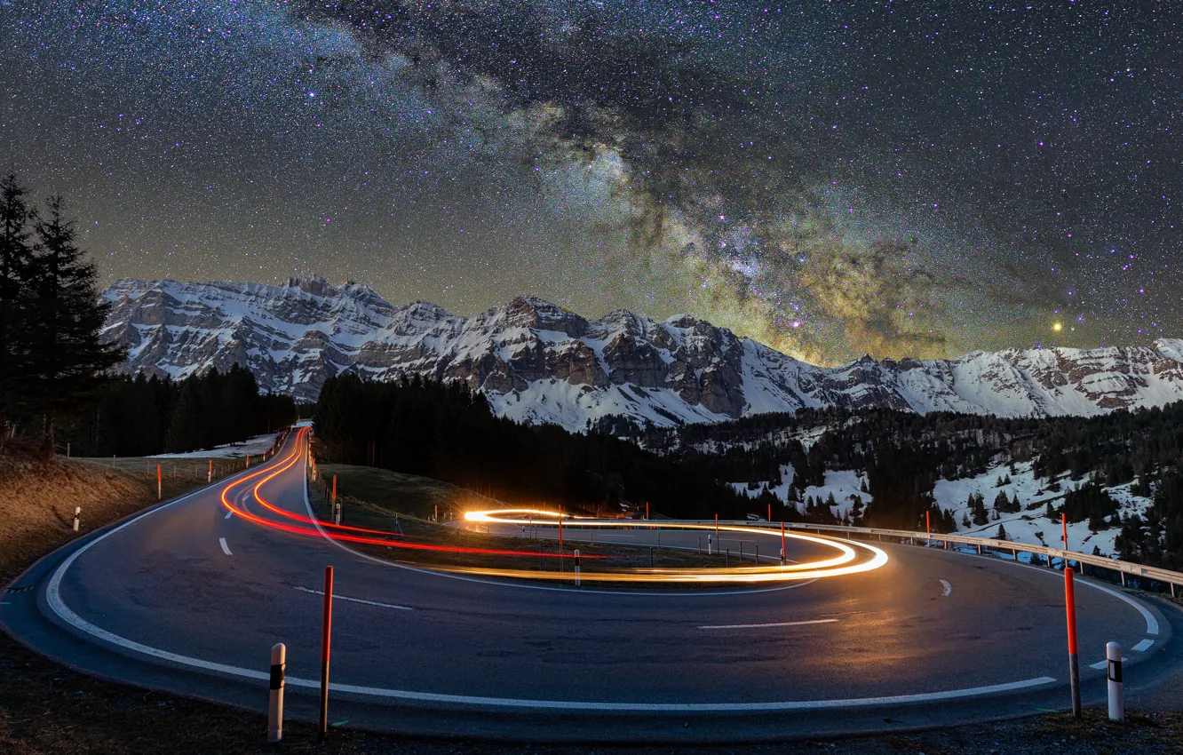 Wallpaper lights, road, trees, nature, night, mountains, snow, landscapes,  asphalt, blur effect, snow-covered, starry, 4k ultra hd background, starry  night, 
