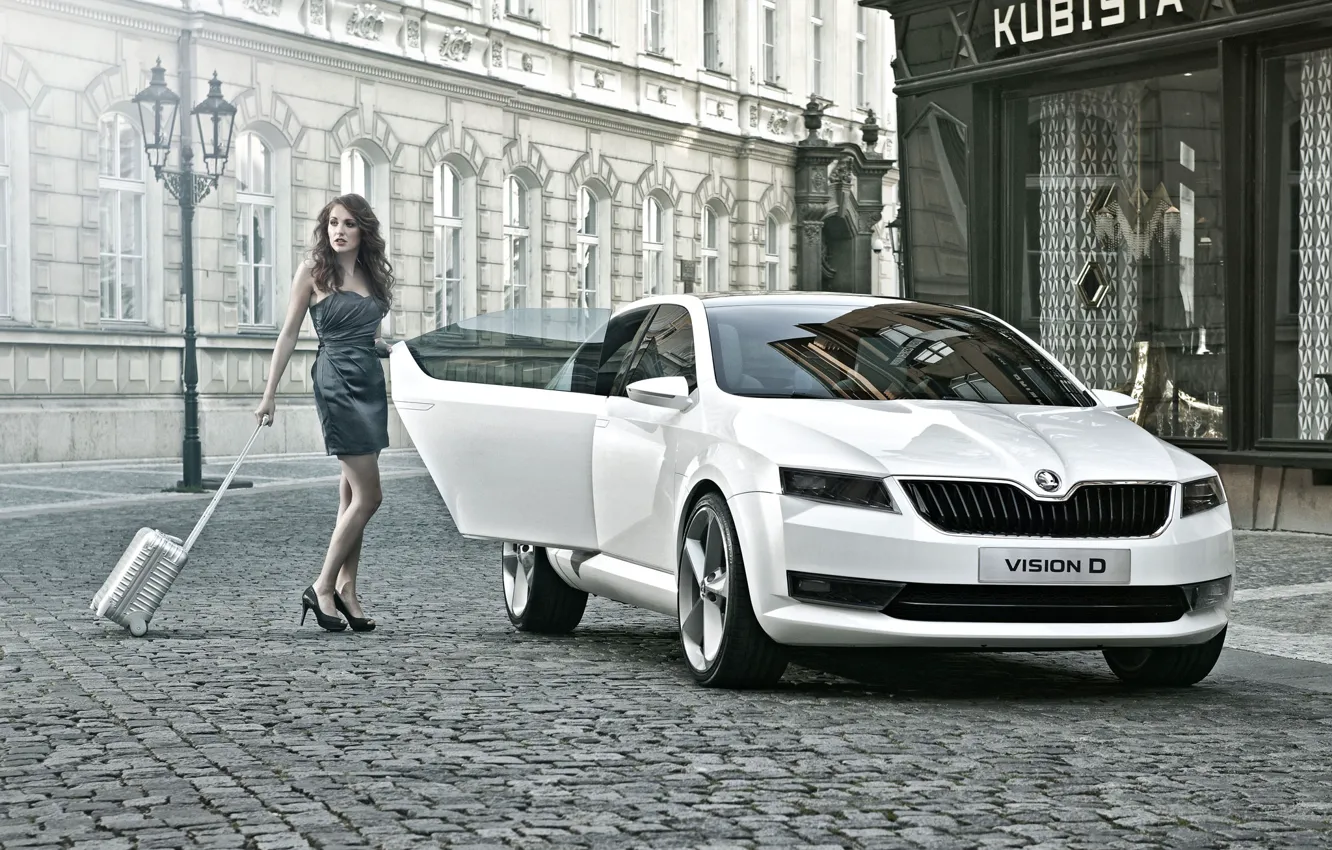 Photo wallpaper auto, look, Girls, beautiful girl, posing on the car, Skoda Vision