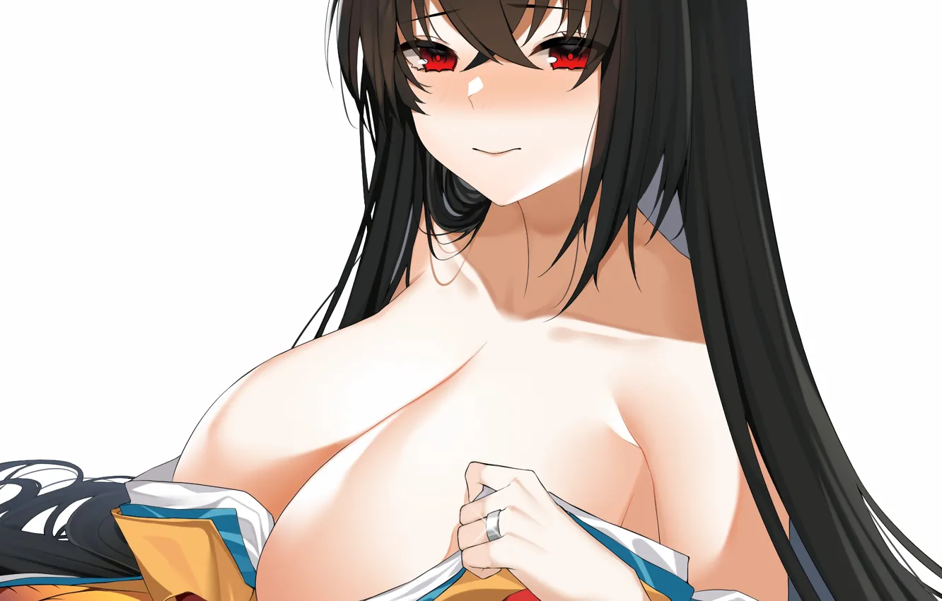 Photo wallpaper girl, sexy, cleavage, long hair, dress, boobs, anime, beautiful, red eyes, pretty, brunette, erotic, breasts, …