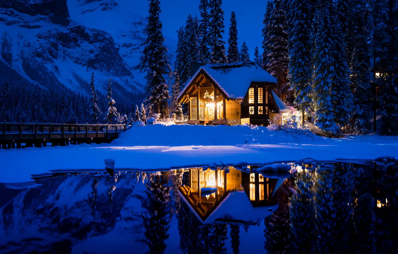 Photo wallpaper winter, forest, snow, mountains, night, bridge, lake, reflection, Canada, house, Canada, British Columbia, British Columbia, …